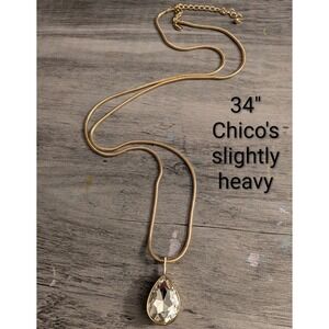 Chicos Gold Tone Snake Chain Teardrop Crystal Pendant Long Necklace 34 Inch